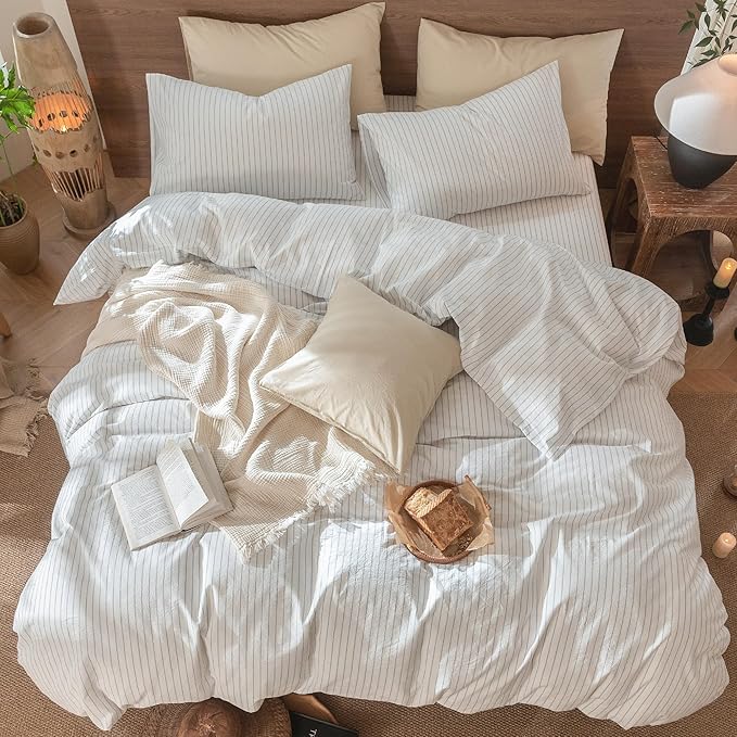 MooMee Striped Duvet Cover Set 100% Washed Cotton Linen Like Textured Breathable Durable Soft Comfy (White Cornflower Blue Wide Stripes, King 104"x90")
