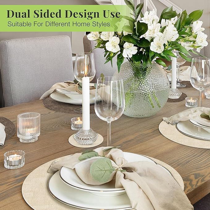 13-Inch Faux Leather Round Placemats Set of 4, Waterproof Anti-Slip Dual Sided Place mats, Heat Resistant Washable Table Mats with Coaster, Suitable for Indoor & Outdoor(4, Beige Dark Coffee)