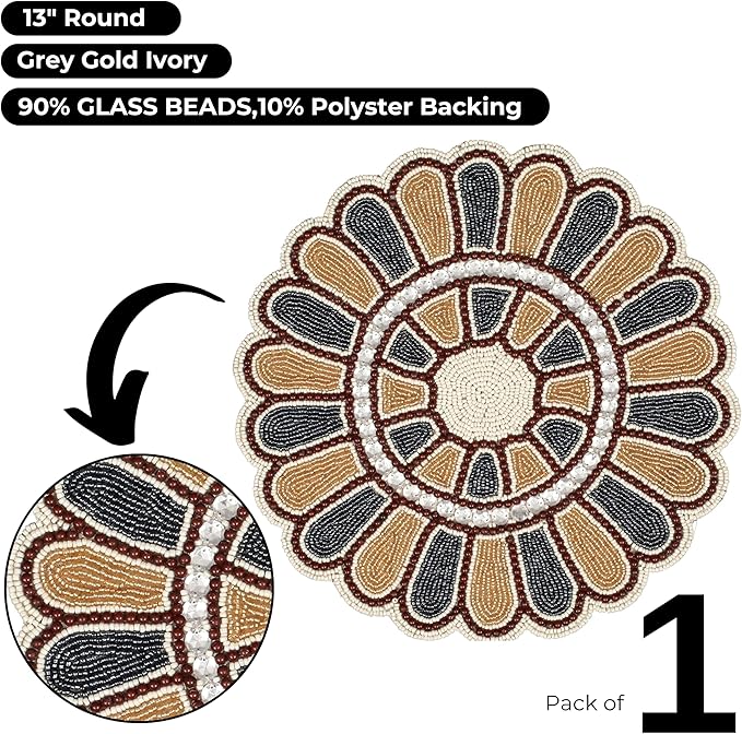 Beaded Charger 13 inch Placemats Round – Floral Calendula Design in Grey Gold Ivory, Handmade Dining Table Mat, Holiday, Christmas, Wedding, Decorative Table Bedding Craft