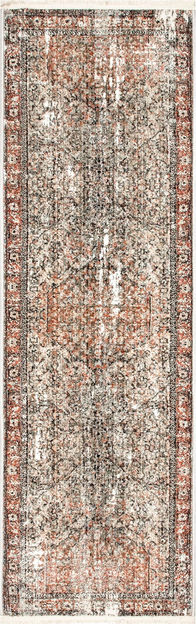 Nuloom Fringed Performance Charvi Beige/Ivory, 2'8" x 8', Distressed Medallion, Soft and Cozy, High Traffic, Stain Resistant, Easy Clean, Durable Area Rug for Bedroom, Living Room, Dining, Foyer