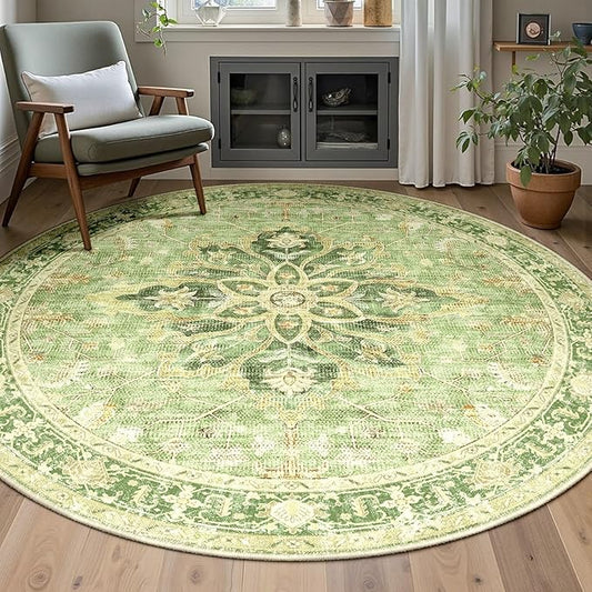 RELEANY Area Rugs 6ft Washable Non-Slip, Floral Vintage Distress Print Pattern Medallion Carpet for Living Room Bedroom Dining Room, Sage Green Yellow