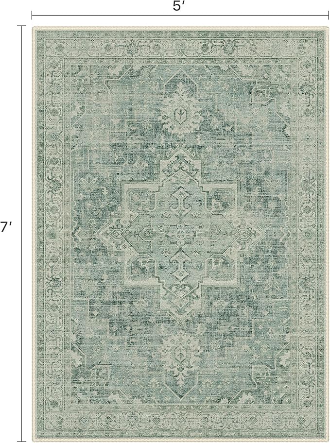 BESBLEE 5x7 Area Rugs for Living Room, Machine Washable Rug, Non Slip Vintage Rugs, Low Pile Lightweight Print Rug for Bedroom, Dining Room, Home Office, Green