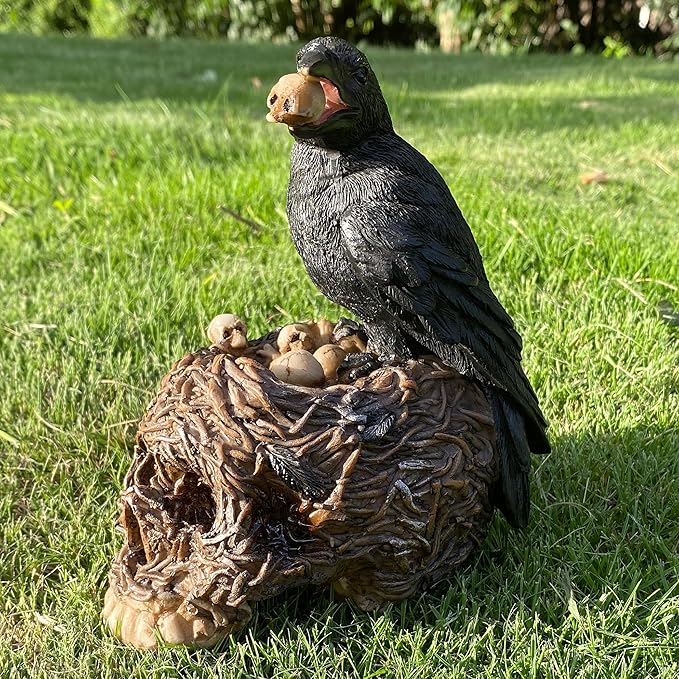Halloween Decorative Black Crow On Withered Vine Skull Nest Teeming with Mini Skulls Statue Home Décor Gothic Raven Perching On Skeleton Figurine, Collectible Macabre Ossuary Sculpture