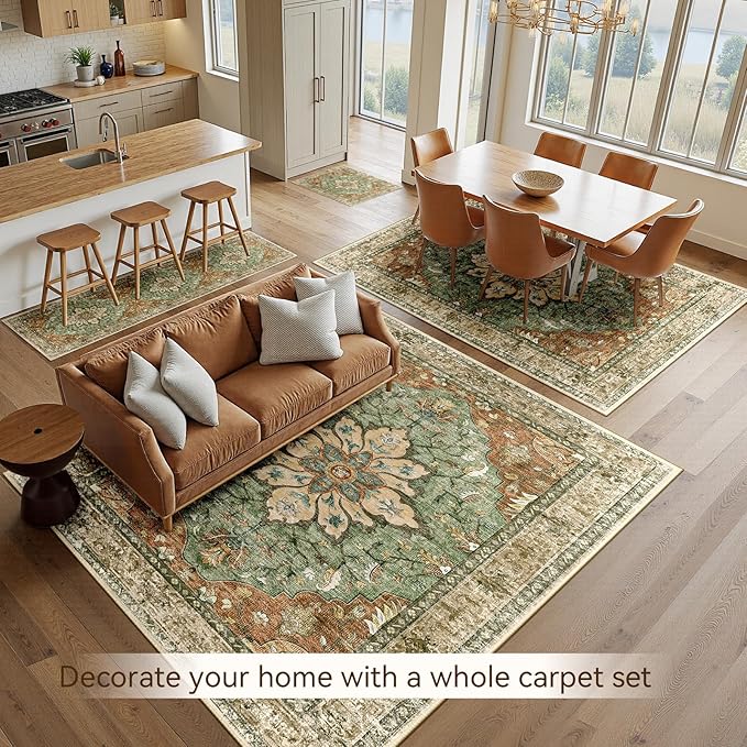 RELEANY Area Rugs 2'x8' Washable Non-Slip, Floral Vintage Distress Print Pattern Medallion Carpet for Living Room Bedroom Dining Room, Brick Red Rust Neutral Brown Burnt Orange Green