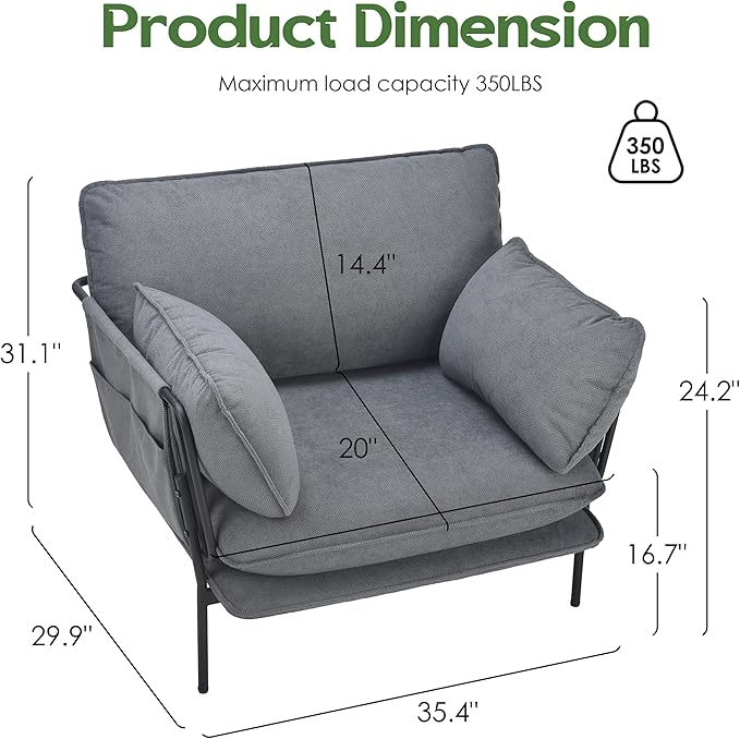 AYEASY Accent Chair, Oversized Living Room Chairs, Modern Armchair with Side Storage Pockets, Cozy Reading Chair with 2 Soft Pillow, Comfy Fabric Single Sofa Chair for Nursery, Bedroom, Blue Gray