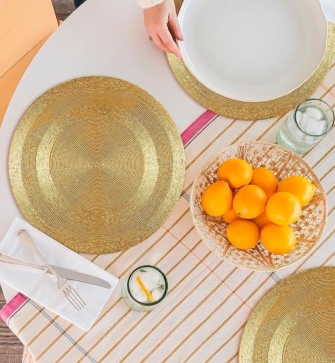 Farmhouse Beaded Placemats – Set of 4, 13" Round Handmade Charger Placemats, Black & Gold Multi, Hand-Beaded by Skilled Artisans, Elegant Table Décor