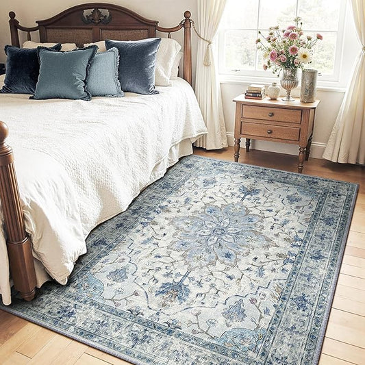 RELEANY Area Rugs 4'x5' Washable Non-Slip, Floral Vintage Distress Print Pattern Medallion Carpet for Living Room Bedroom Dining Room, Light Blue Navy Beige Gray White