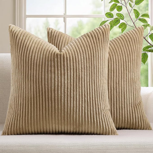 Mecatny Corduroy Decorative Throw Pillow Covers 22x22 Set of 2 for Sofa Living Room, Soft Neutral Boho Couch Pillow Covers for Home Decor, Khaki