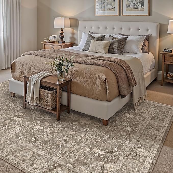 PureCozy 5x7 Area Rug Brown Washable Living Room Bedroom Carpet Vintage Distressed Non Slip Low Pile Thin Dining Room Office Medallion Accent Throw Rug