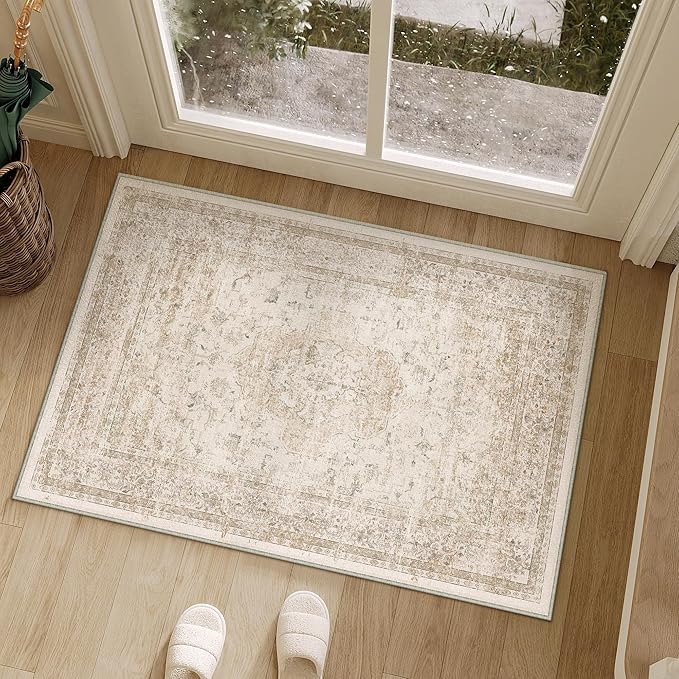 PureCozy Entryway Area Rug 2x3 Beige Vintage Distressed Indoor Carpet Oriental Soft Thin Small Door Mat Non Slip Low Pile Throw Rug for Entrance Bathroom Bedroom Kitchen Laundry