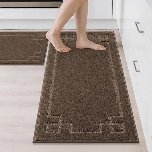 BEQHAUSE Kitchen Rugs Non-Slip Washable [2 PCS], Machine Washable Kitchen Mats Absorbent Soft Kitchen Runner Rugs for Floor, Sink, Hallway, Laundry, 20"x32"+20"x48", Brown