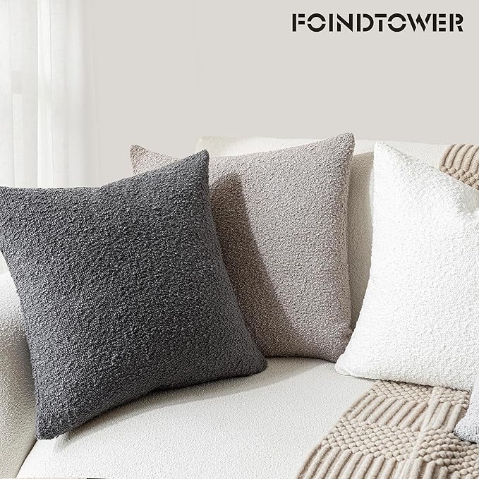 Foindtower Decorative Textured Boucle Throw Pillow Covers Accent Solid Pillow Cases Neutral Soft Cozy Couch Cushion Case for Chair Sofa Bedroom Living Room Home Decor 26 x 26 Inch,Neutral Grey