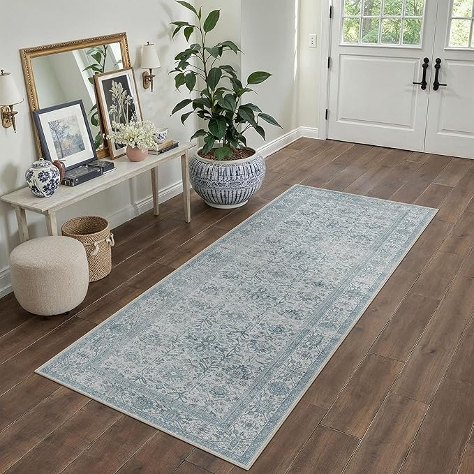 PureCozy Blue Runner Rug 2x6 Hallway Washable Carpet Soft Vintage Indoor Kitchen Non Slip Bedroom Traditional Retro Distressed Thicker Throw Long Rug Bathroom Laundry Entryway Office Dining Room