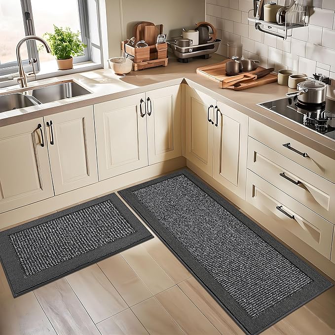 BEQHAUSE Kitchen Rugs and Mats Set of 2 Non-Slip Kitchen Mats for Floor, Absorbent and Stain Resistant Kitchen Runner, Machine Washable Rugs for Kitchen, Laundry & Sink, 20"x32"+20"x48", Charcoal