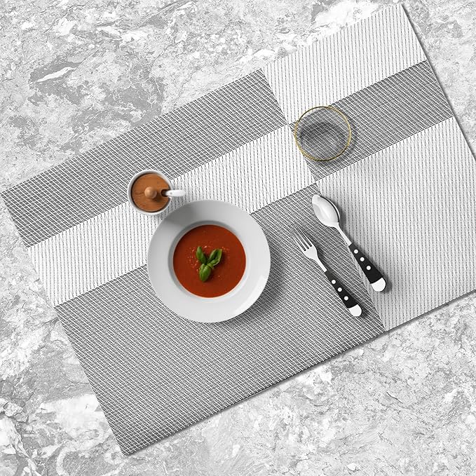 Placemats Set of 4 Vinyl Washable White Gray Placemats, 18"x12" Wipeable Heat-Resistant Non-Slip Easy Clean Table Mats Ideal for Dining Table Table Runner and Outdoor (4, White Square)
