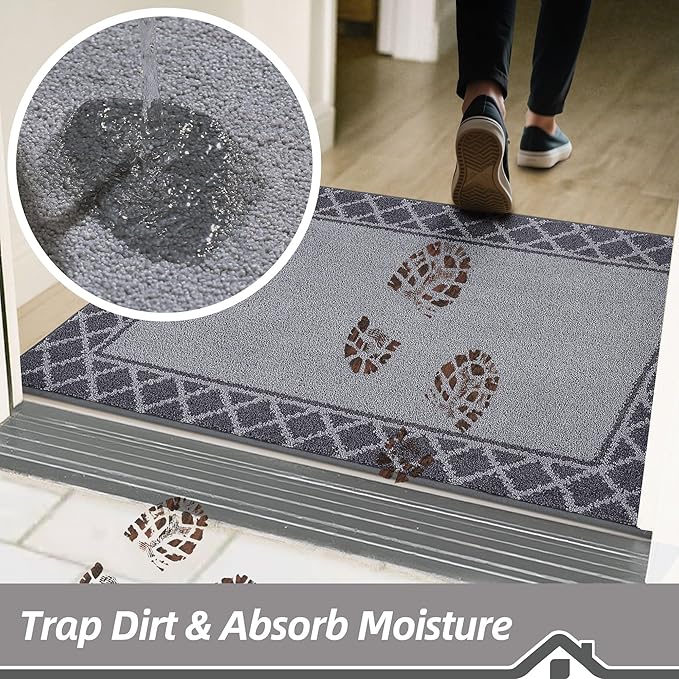 BEQHAUSE Door Mat Dirt Trapper Non Slip Entryway Rugs Absorbent Welcome Mat Low Profile Washable Front Door Mat for Muddy Paws,Entrance,Hallway, 36" x 60",Grey