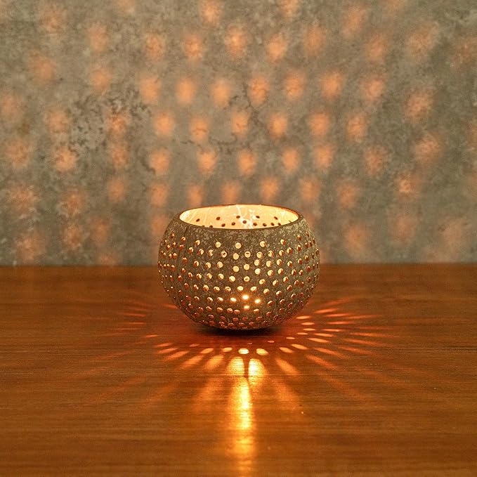 Restaurantware-Coco Casa 4 x 3.3 Inch Coconut Shell Candle Holders, 10 Reusable Tealight Holders - Candle Not Included, Dotted Pattern, Brown Coconut Bowls For Candles, Handcrafted,
