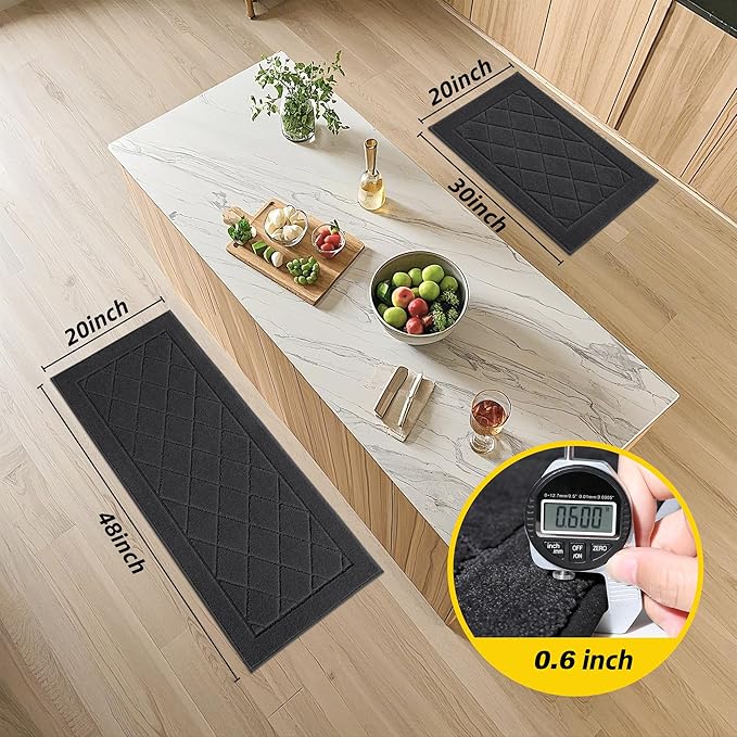 JSEI Non-Slip Kitchen Rugs, Self Adhesive No Sliding Kitchen Mats Set of 2, Soft Washable Absorbent Floor Mat for Kitchen, Bathroom, Laundry Room, Bedroom, 20”x32”+32”x48”, Dark Grey, Diamond Pattern