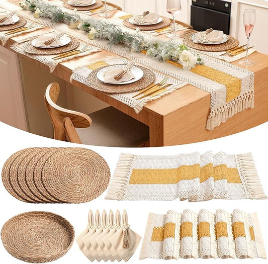 6 Sets Boho Placemats Round Woven Placemats, Cloth Napkins, Wood Bead Napkin Rings, Long Table Runner and Farmhouse Rustic Burlap Cotton for Kitchen Dining Table Home (Yellow)