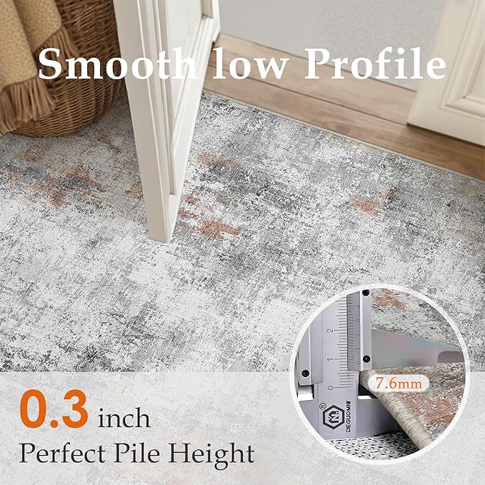 WondRg 5x7 Washable Area Rug Grey Rust Abstract Living Room Bedroom Carpet Neutral Modern Non-Slip Soft Low Pile Lightweight Vacuumable Throw Rug for Dining Room Entryway