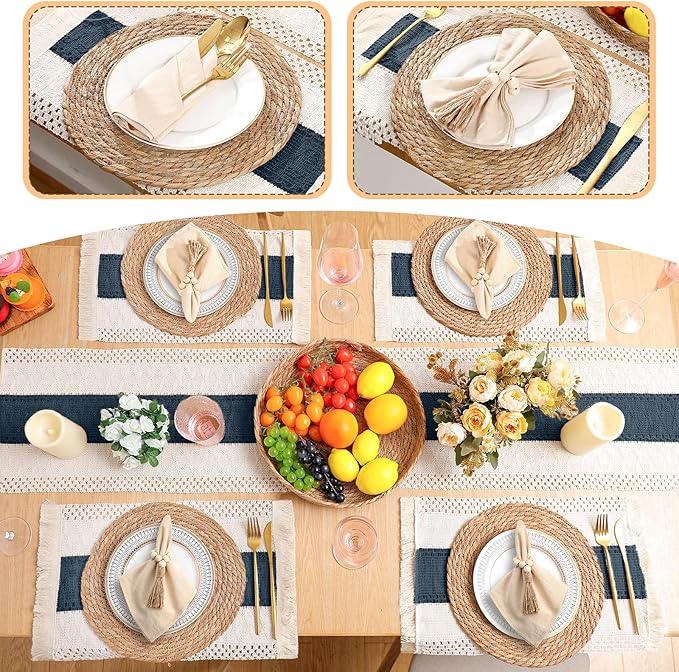 6 Sets Boho Placemats Round Woven Placemats, Cloth Napkins, Wood Bead Napkin Rings, Long Table Runner and Farmhouse Rustic Natural Burlap Cotton for Kitchen Dining Table Home (Blue)