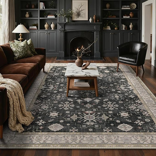 GENIMO 8x10 Area Rugs for Living Room,Machine Washable Non-Slip Vintage Rug, Low Pile Lightweight Carpet for Bedroom, Dining Room, Home Office, Stain & Fade Resistant,Black