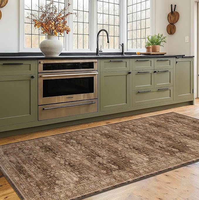 Brown Boho Washable 2x7 Runner Rugs for Hallway Kitchen Bedroom Beside Laundry Room Bathroom Rug, Pet & Kids Friendly, Non Slip Low Pile Stain Resistant Soft Faux Wool Long Dark Earthy Floor Carpet