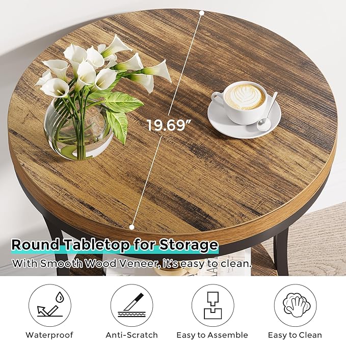 Round End Table, 2 Tier Industrial Side Table, Accent Bedside Table Nightstand with Metal Frame for Living Room, Bedroom, Small Spaces, Easy Assembly, Rustic Brown & Black