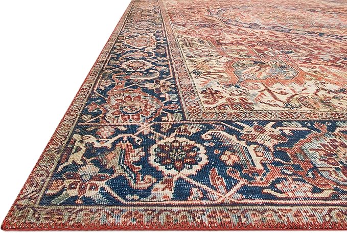 Loloi Layla Collection LAY-08 Red/Navy 2'-6" x 9'-6" .13" Thick Runner Rug, Soft, Durable, Vintage Inspired, Distressed, Low Pile, Non-Shedding, Easy Clean, Printed, Living Room Rug