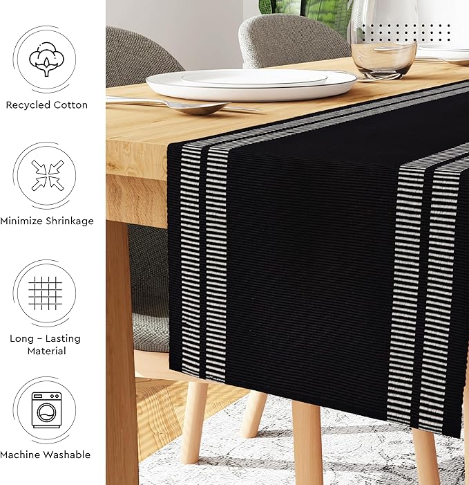 Encasa XO Table Runner and Placemats Set 6 | Fine Ribbed Cotton | Ladder Black | 1 Table Runner Size 13"x72" & Each Table Mat Size 19x13 Inch