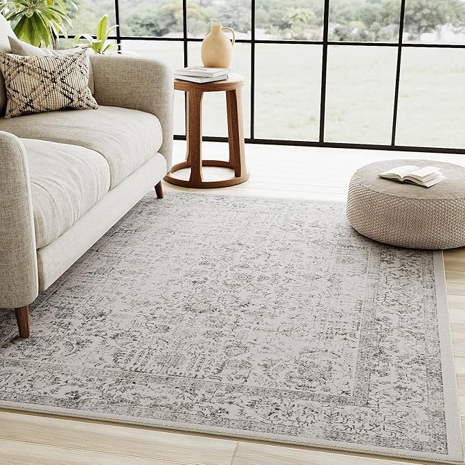PureCozy Gray Area Rug 4x6 Office Entryway Rug Machine Washable Kitchen Vintage Distressed Non Slip Carpet Indoor Grey Retro Floral Accent Throw Door Mat for Bathroom Bedroom Dining Living Room