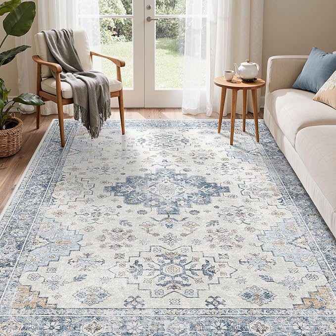 GENIMO 5x7 Area Rugs for Living Room,Machine Washable Non-Slip Vintage Rug, Low Pile Lightweight Carpet for Bedroom, Dining Room, Home Office, Stain & Fade Resistant,Blue
