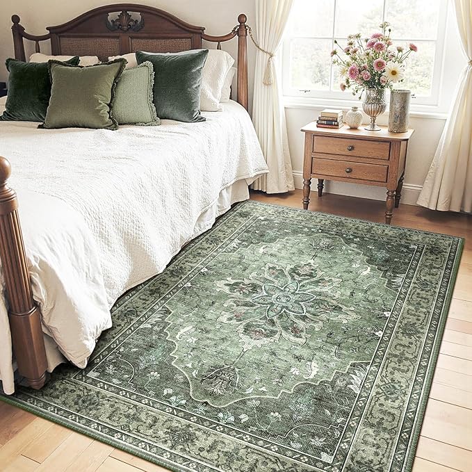 RELEANY Area Rugs 4'x6' Washable Non-Slip, Floral Vintage Distress Print Pattern Medallion Carpet for Living Room Bedroom Dining Room, Dark Green Gray