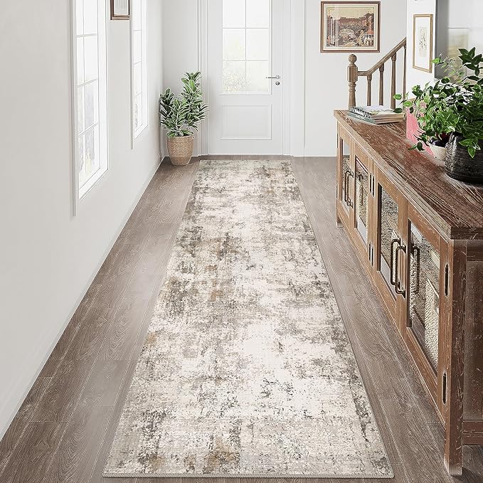 WondRg 2x10 Washable Runner Rug Brown Grey Abstract Hallway Kitchen Throw Rug Neutral Modern Non Slip Soft Low Pile Carpet for Bathroom Laundry Bedroom Living Room