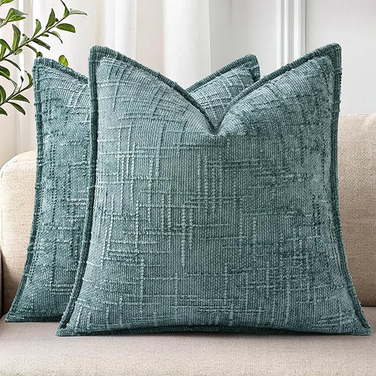 decorUhome Chenille Spring Throw Pillow Covers 18x18 Set of 2, Thick Textured Slubby Neutral Decorative Pillow Covers with Elegant Design for Couch, Sofa, Living Room, Teal