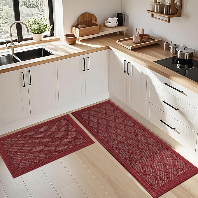 COSY HOMEER Kitchen Mats, 2 PCS Kitchen Rug Non Slip Washable, Absorbent Runner Rugs for Kitchen Floor, 100% Polypropylene Kitchen Sink Rug 24"x36" + 24"x60"(Red)