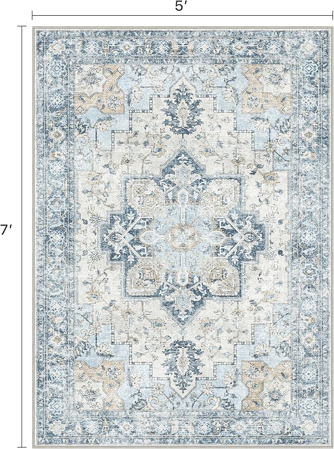 BESBLEE 5x7 Area Rugs for Living Room, Machine Washable Rug, Non Slip Vintage Rugs, Low Pile Lightweight Print Rug for Bedroom, Dining Room, Home Office, Blue