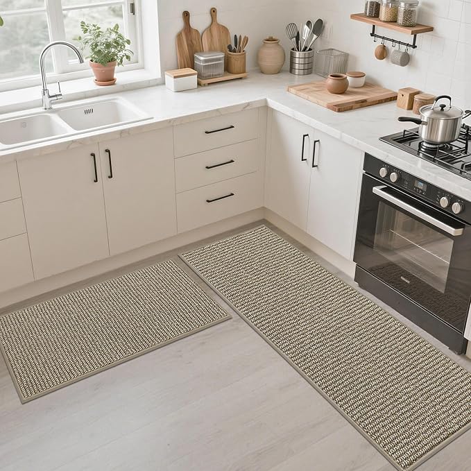 JSEI Kitchen Rugs and Mats, 2PCS Non-Slip Kitchen Mats for Floor, Machine Washable Absorbent and Stain Resistant Kitchen Runner, Carpet Mats with TPR Backing, 17''x30''+17''x60'', Beige