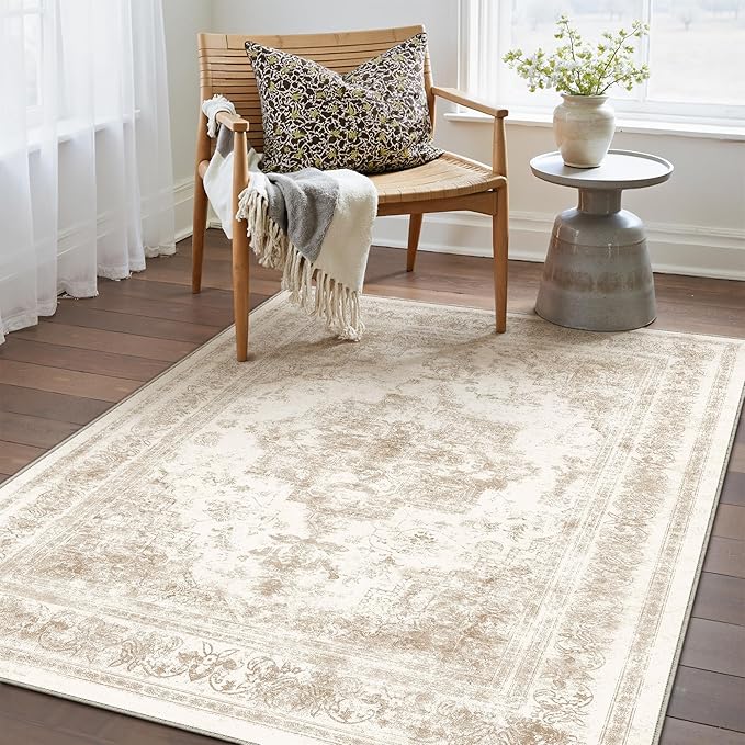 PureCozy Area Rug 3x5 Cream Washable Office Entryway Vintage Medallion Beige Carpet Non Slip Retro Indoor Mat Low Pile Soft Distressed Small Rug for Bedroom Kitchen Laundry Dining Room