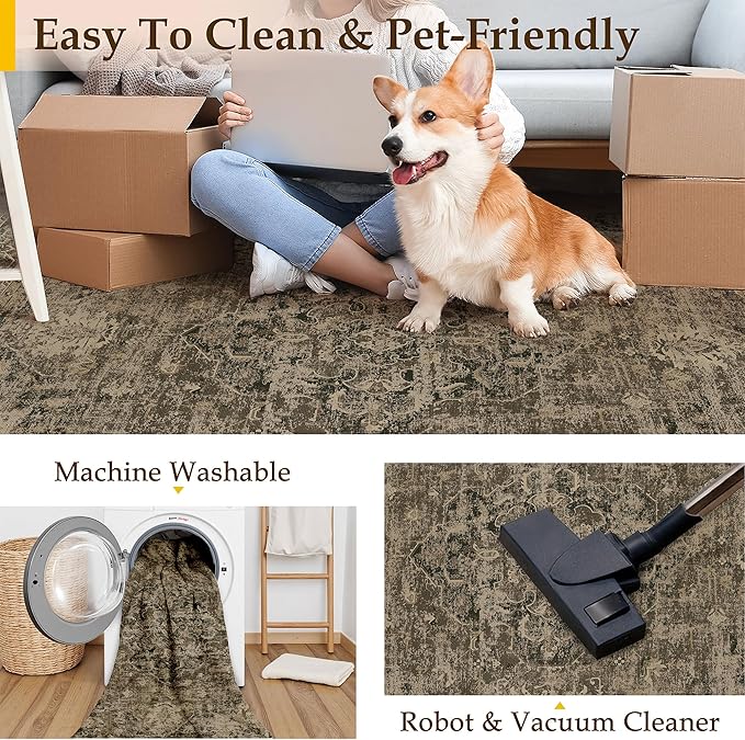 PureCozy Hallway Runner Rug 2x6 Washable Brown Vintage Distressed Long Runner Oriental Soft Thin Indoor Carpet Non Slip Low Pile Throw Rug for Kitchen Bedroom Laundry Bedside Entryway
