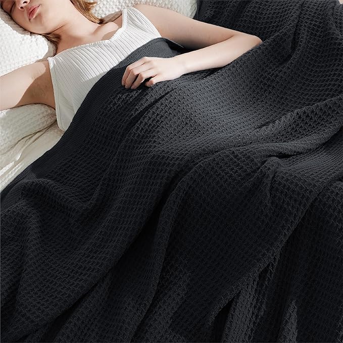 Bedsure Gentlesoft 100% Cotton Blanket Twin XL Size for College Dorm - Breathable and Soft, Waffle Weave Twin Blanket for Summer, Dorm Room Essentials, Black, 66x90 inches