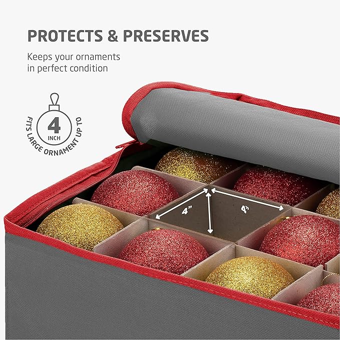 ZOBER Large Christmas Ornament Storage Box - Stores 54 4" Large Ornaments, With Dividers - Ornament Organizer Storage Box, Durable Christmas Containers Holder, Dual Zipper - Gray