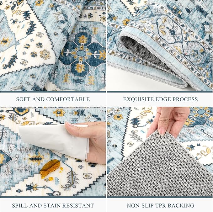 Pauwer Kitchen Rugs Sets of 3 Non Slip Washable Kitchen Mats for Floor Farmhouse Kitchen Floor Mat Runner Rug Boho Kitchen Sink Rug Carpet for Kitchen Hallway Laundry Room, Blue