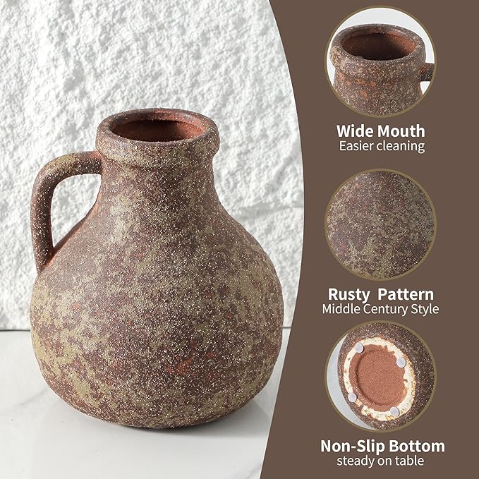 Ceramic Flower Rustic Vase, 7 inch Farmhouse Rusty Vases for Home Decor Handcrafted Pottery Vase Small Terracotta Vases for Dining Table Decor Fireplace Living Room Bathroom Wedding Centerpiece