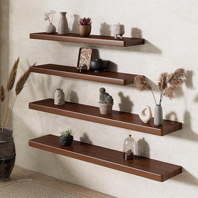 48" Rustic Walnut Wood Floating Shelves, 8 Inch Deep Wall Shelves for Home Decor, Wall Mounted Floating Shelf with Invisible Bracket, Heavy-Duty Storagefor Living Room, Bedroom, Kitchen, Set of 1