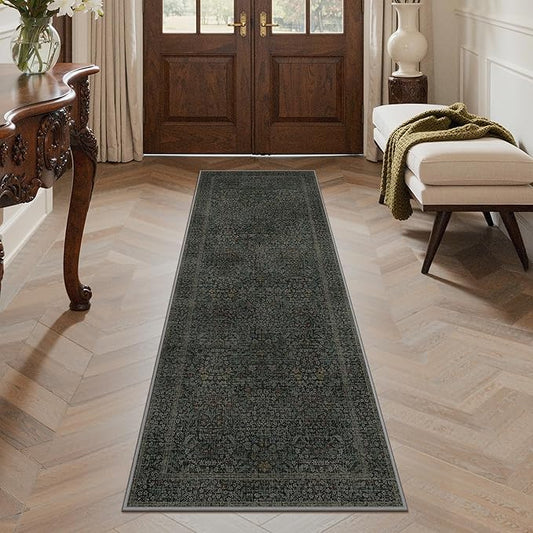 GENIMO 2x6 Runner Rug Non-Slip Washable, Low Pile Vintage Floral Indoor Carpet for Hallway Entryway Kitchen Bathroom, Stain Resistant （Charcoal Green）