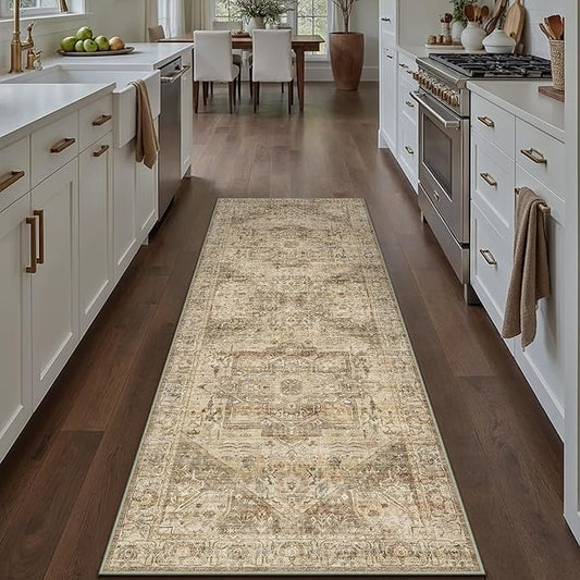 PureCozy Brown Multi Hallway Runner Rug 2x5 Vintage Washable Distressed Area Carpet Kitchen Indoor Non Slip Traditional Medallion Retro Accent Throw Rug for Bedroom Laundry Office Dining Living Room