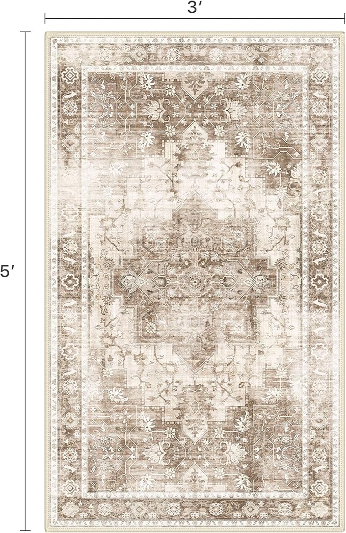 BESBLEE 3x5 Area Rugs for Living Room, Machine Washable Non Slip Vintage Rugs, Low Pile Lightweight Print Rug for Bedroom, Dining Room, Home Office, Latte Beige