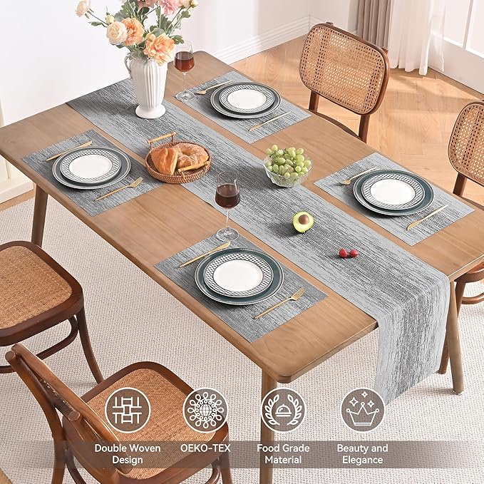 Leetaltree Grey Table Runner and Placemats Set of 7, Heat Resistant Non-Slip Place mats for Dining Table, Washable Durable PVC Vinyl Woven Table Mats Set