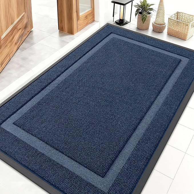 OLANLY Front Door Mat Indoor Outdoor Entrance, Waterproof All-Season, All-Weather Doormat, Sturdy Natural Rubber, Fade Resistant, Low Profile, Easy Clean Patio Porch Entryway Mat, 71x47, Blue